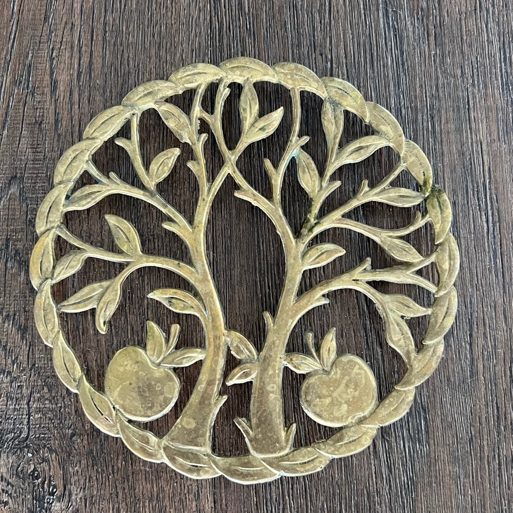 Vintage 70's Danish Brass Apple Tree Trivet Heavy Round Wall Decor